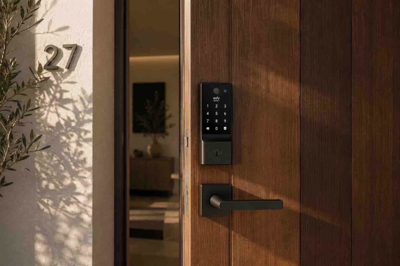 eufy Security Smart Lock C220 mounted on a warm wood front door