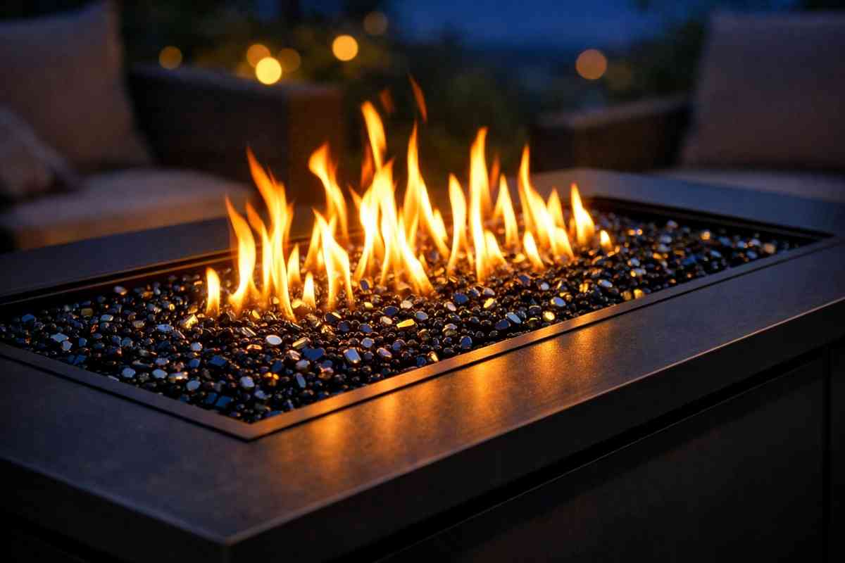 Close-up of rectangular gas fire pit table showing dark reflective glass beads with bright orange-yellow flames rising evenly from the center. Warm golden glow, shimmering glass surface, blurred patio background.