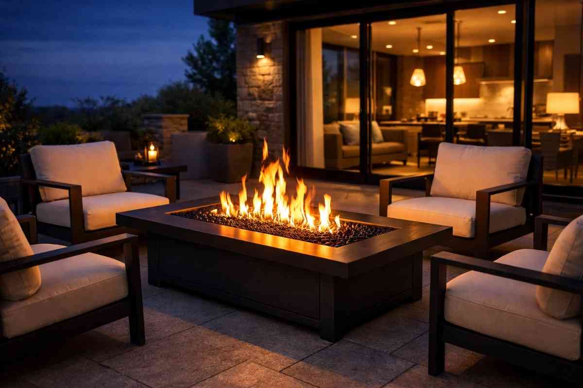 Modern rectangular gas fire pit table with bright orange-yellow flames rising from dark reflective glass beads, surrounded by cream-cushioned armchairs on light grey stone patio at twilight. Warm golden glow, luxurious outdoor living atmosphere.