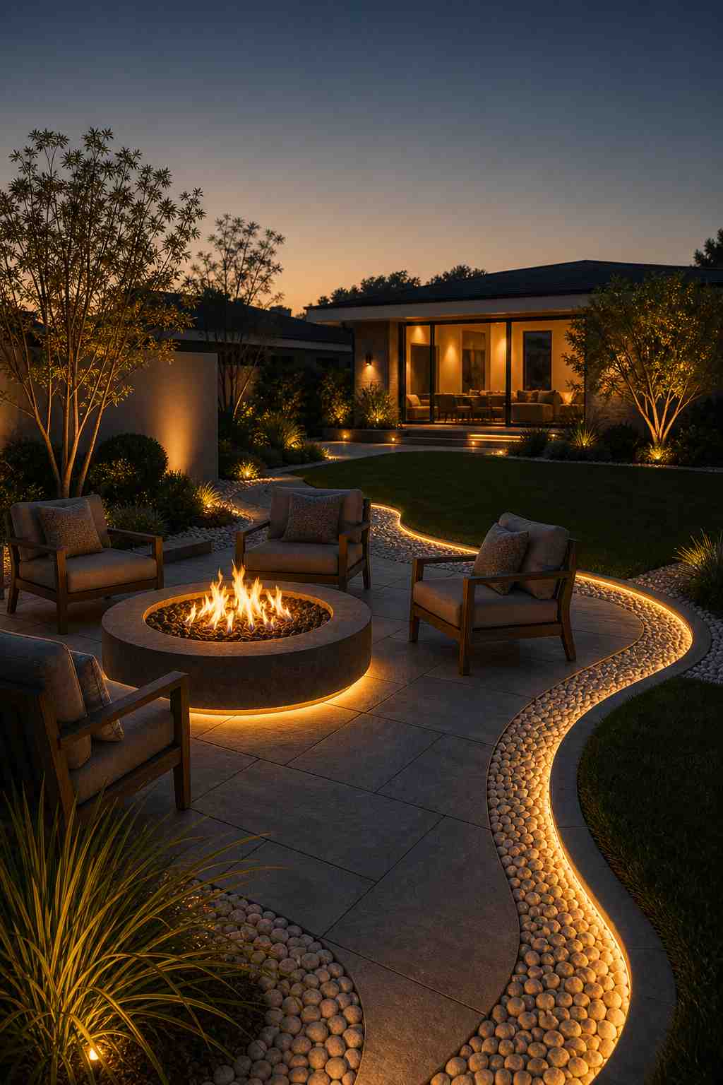 12V DC COB LED strip recessed in a pebble trench alongside a curved fire pit patio, creating a floating halo effect