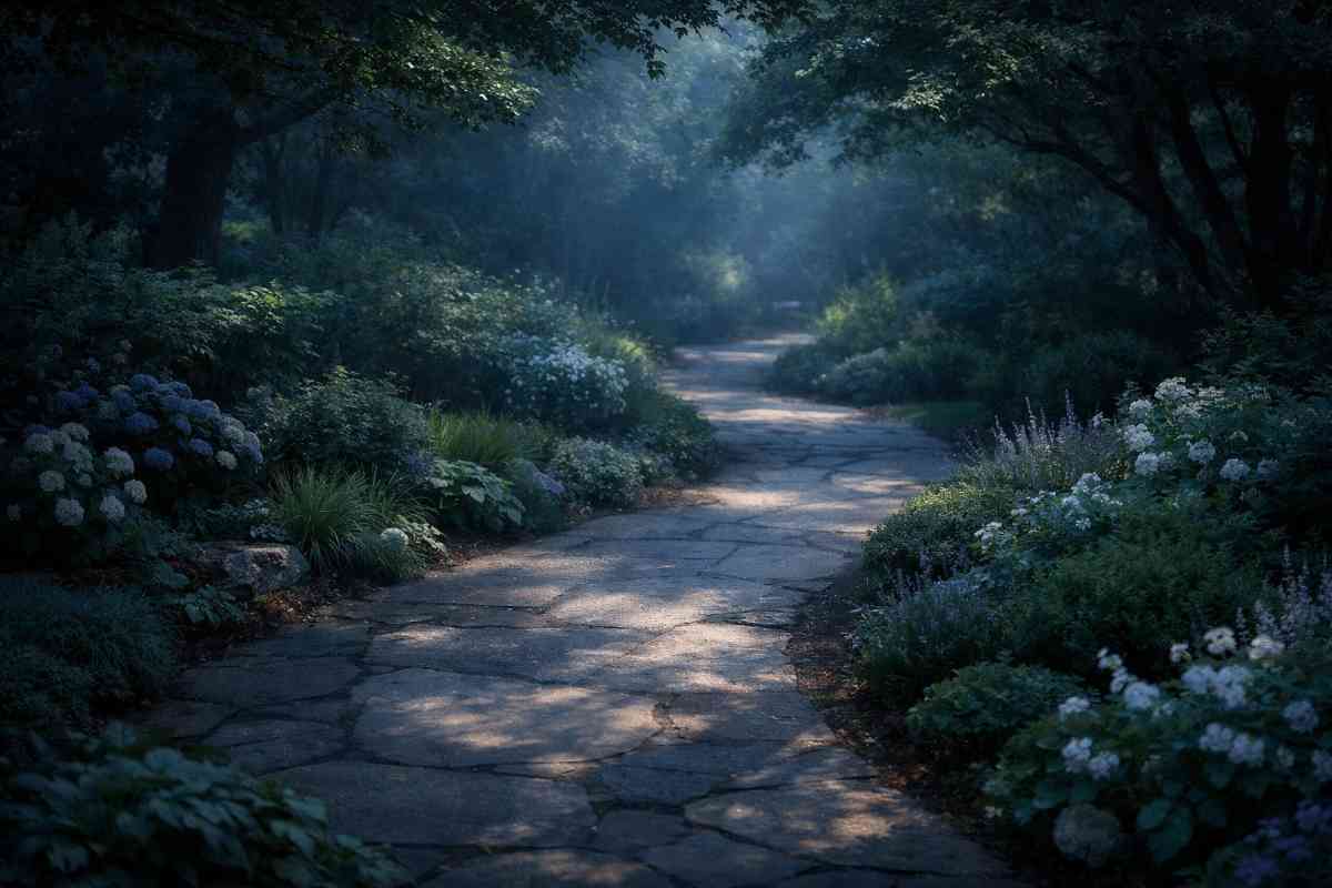 Soft overhead lighting filtering through garden canopy onto winding path, creating diffused moonlight atmosphere across stone surface