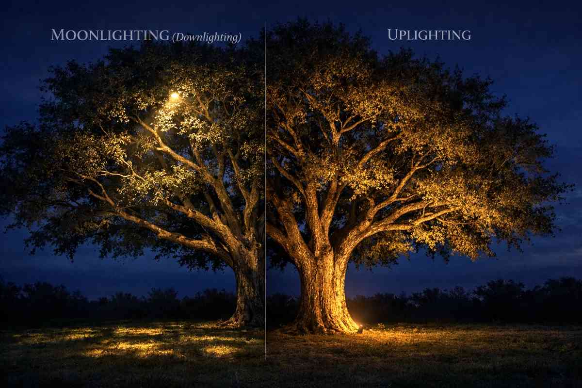 Educational diagram showing the difference between moonlighting (downlighting from canopy) and uplighting (lighting from ground level) on a single mature tree at twilight, with warm golden light contrasting against dark blue sky