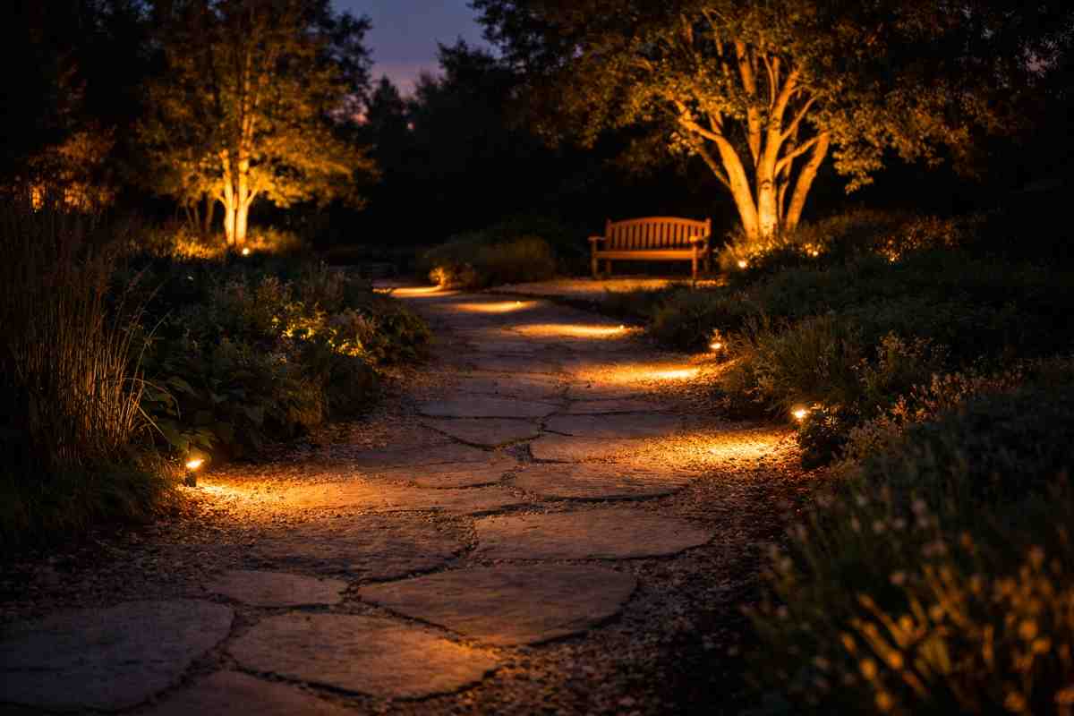 Winding garden pathway at twilight with warm spaced lighting creating rhythmic pools of light