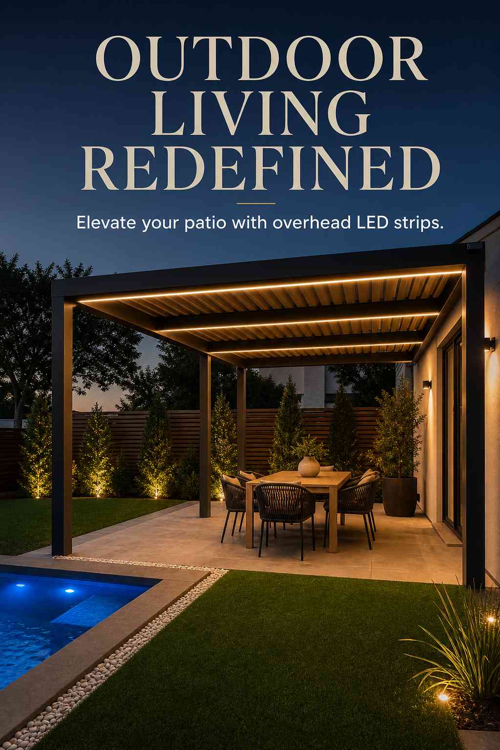 Slatted dark pergola ceiling at twilight with warm LED strips integrated into beams, casting even glow over a dining table with wooden table and dark woven chairs below