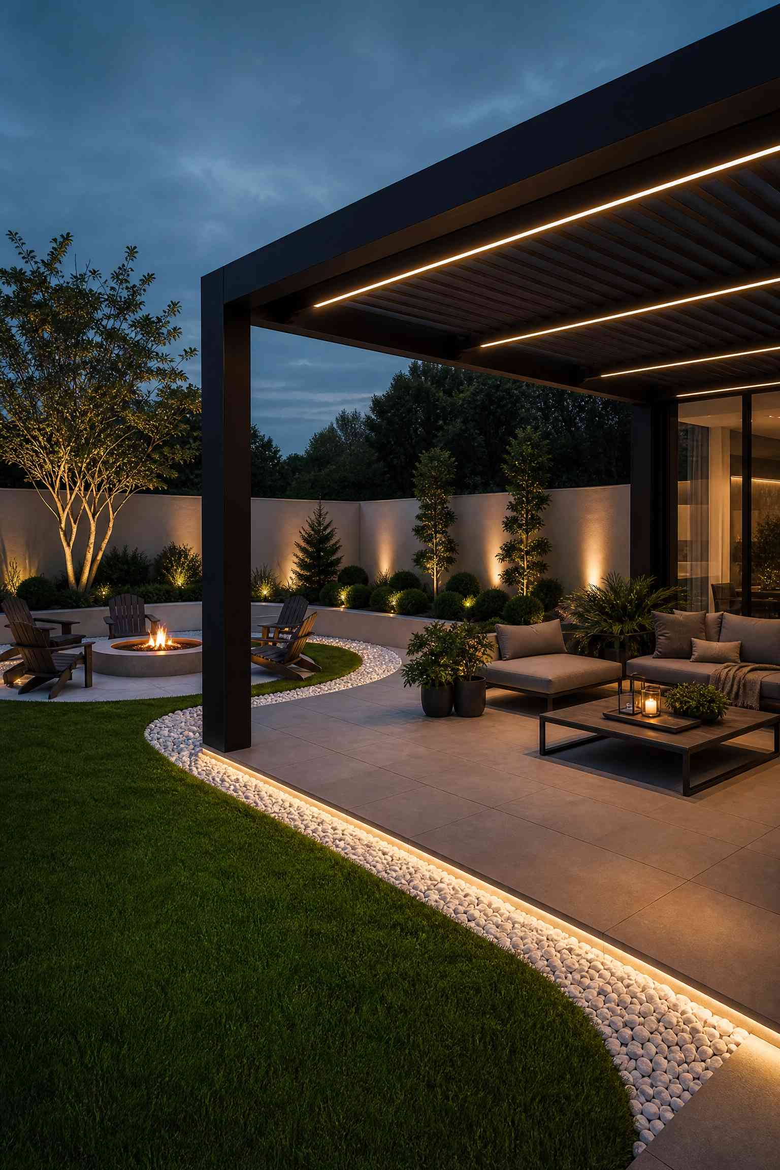 Outdoor lounge at twilight with circular fire pit, Adirondack-style chairs, dark pergola with hanging string lights, and curved LED strip along garden bed edge