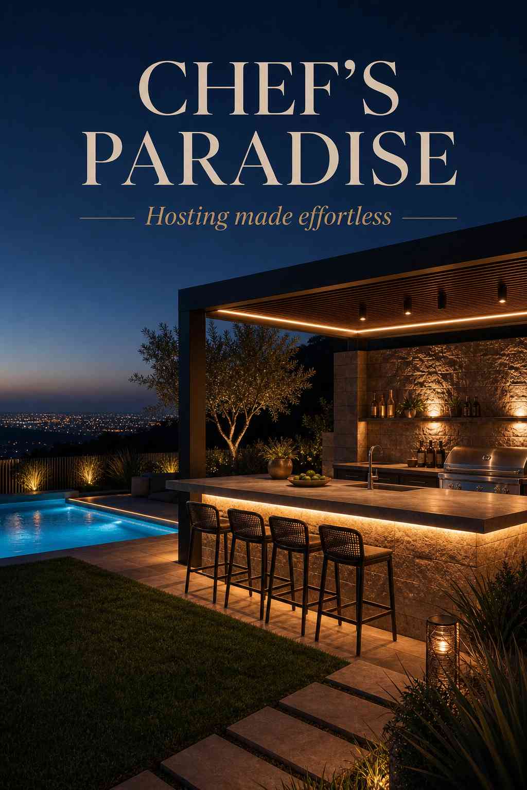 Outdoor kitchen and dining area under dark pergola at twilight, with integrated ceiling lights, stainless steel grill, stone countertops, bar stools, glowing swimming pool, and city skyline in background