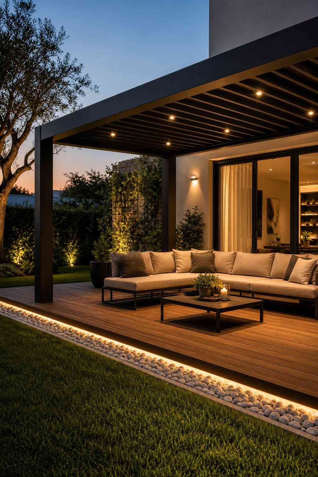 Warm wooden deck at twilight with L-shaped beige sectional sofa, dark coffee table, and continuous warm LED strip lighting tracing the pergola beams and deck edge, creating a floating effect