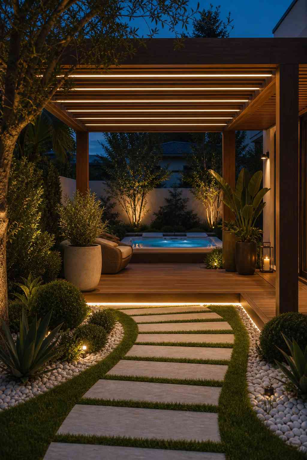 Wooden deck at twilight with built-in hot tub glowing blue, pergola with warm LED strips in beams, stone path with step lighting, and lush landscaping with uplighted trees