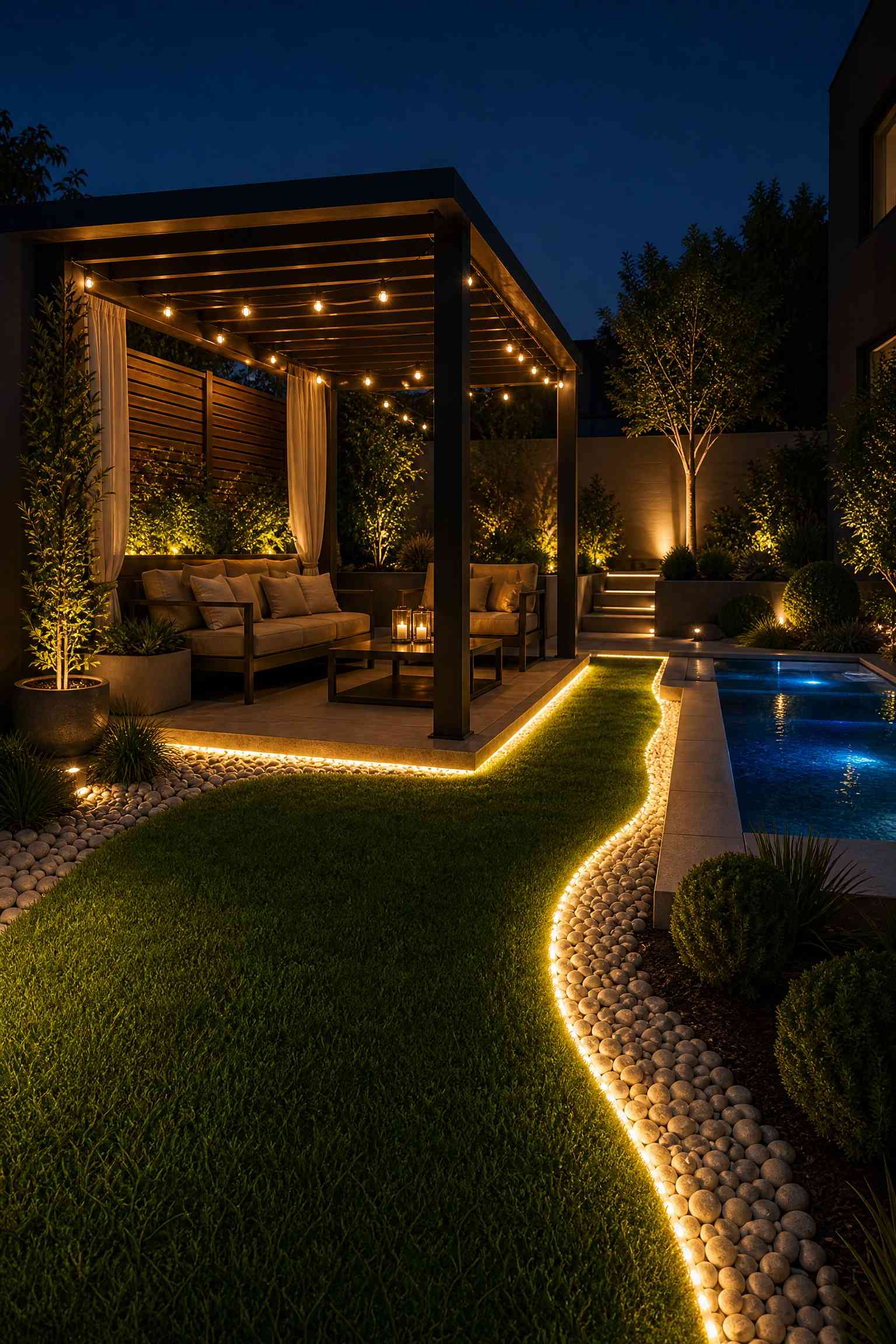 Outdoor lounge area at twilight with dark pergola, Edison bulb string lights hanging from beams, L-shaped sofa with plush cushions, coffee table with candles, and glowing swimming pool in background
