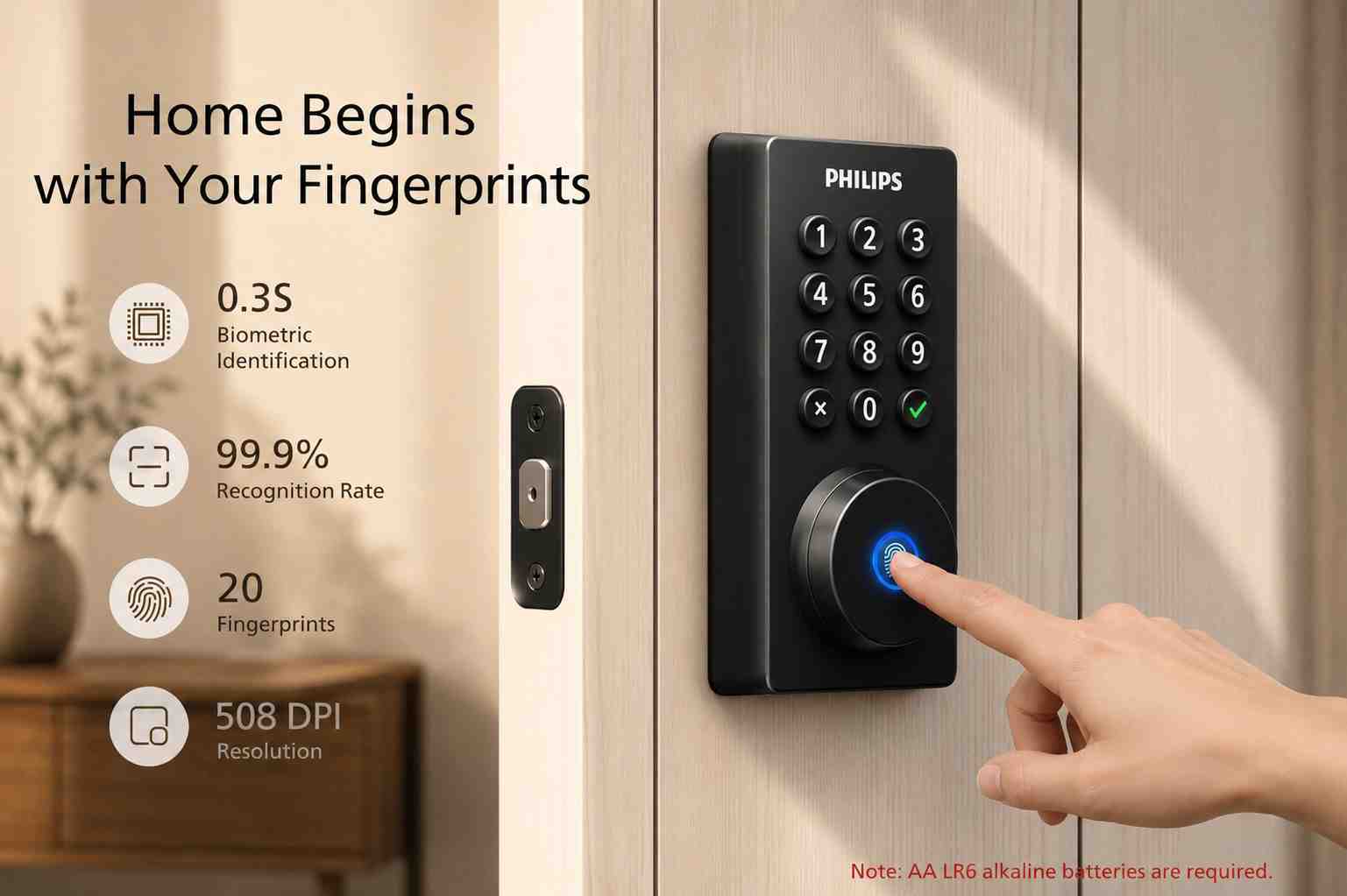 Philips Wi-Fi Smart Lock with fingerprint scanner being activated by a finger