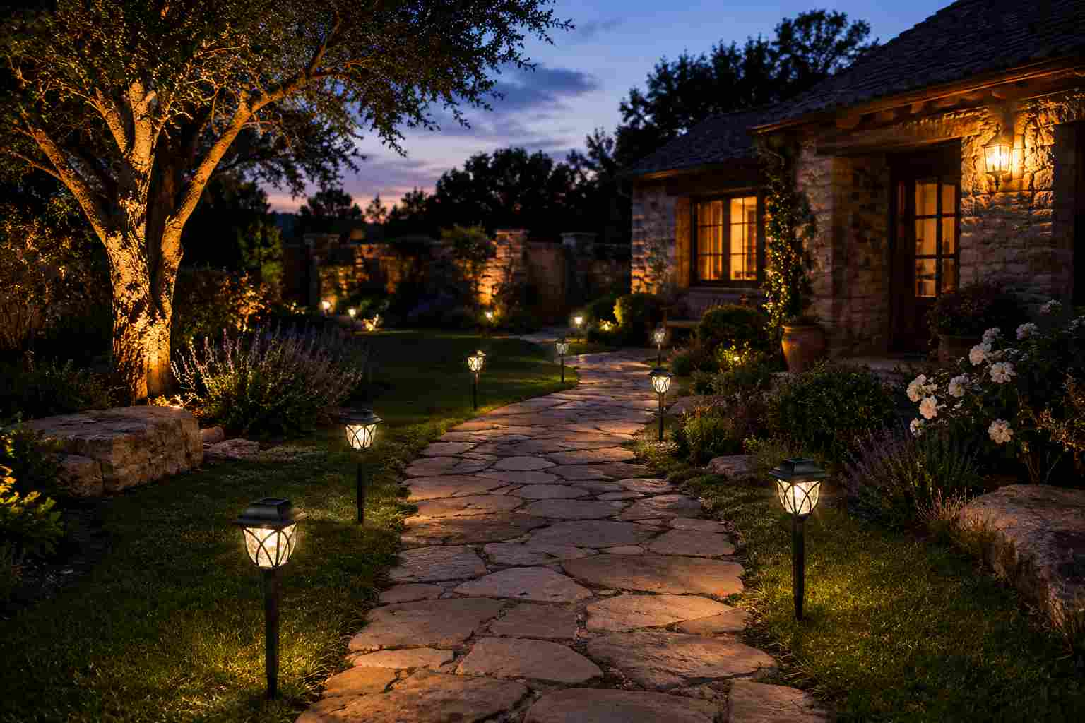 Rustic irregular stone path at dusk with traditional lantern-style solar lights casting warm golden glow, lush garden foliage framing the scene