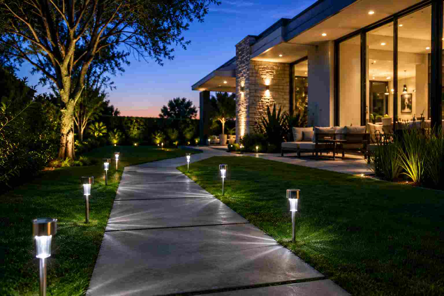Modern curved concrete walkway at dusk with sleek cylindrical solar path lights casting warm white glow, contemporary home with floor-to-ceiling windows in background