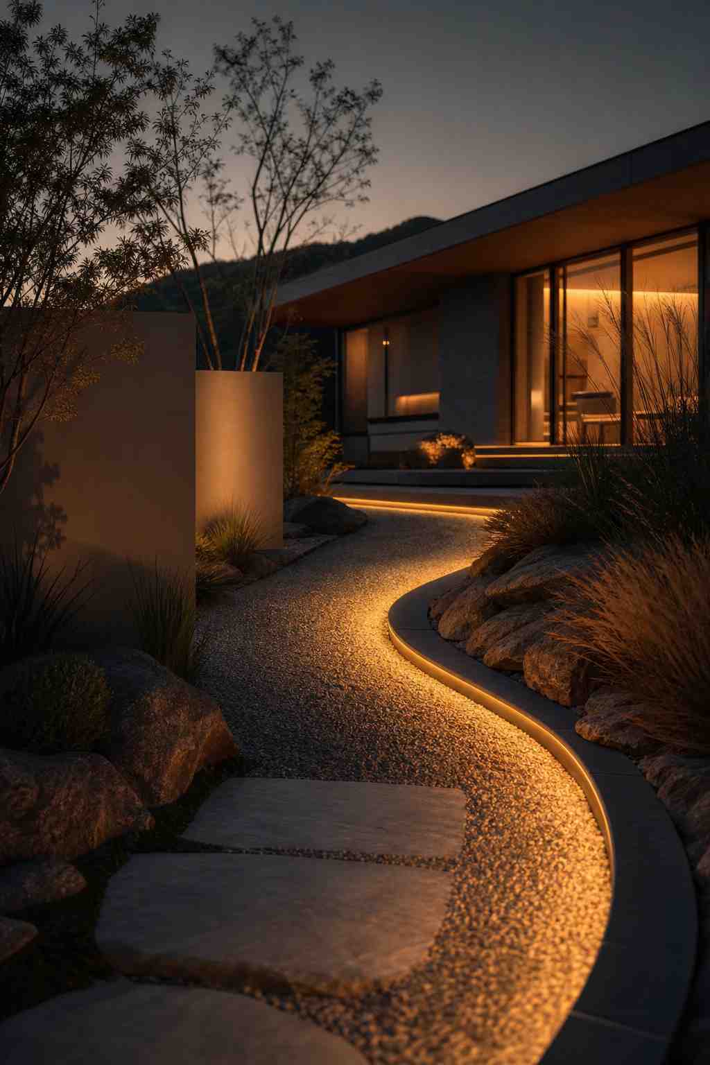 A winding garden path illuminated by warm LED strips recessed in a pebble trench, with stepping stones for foot traffic — the correct alternative to putting strips on walking surfaces