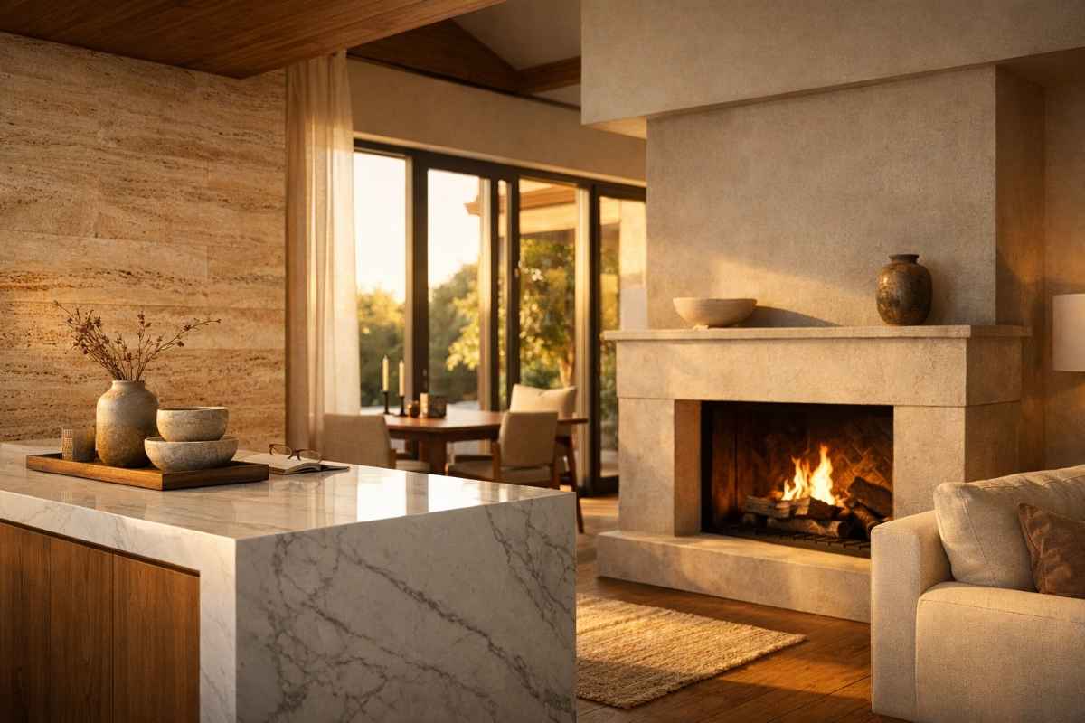 Warm open-plan luxury living space with limestone fireplace, travertine accent wall, and marble kitchen island under golden afternoon light